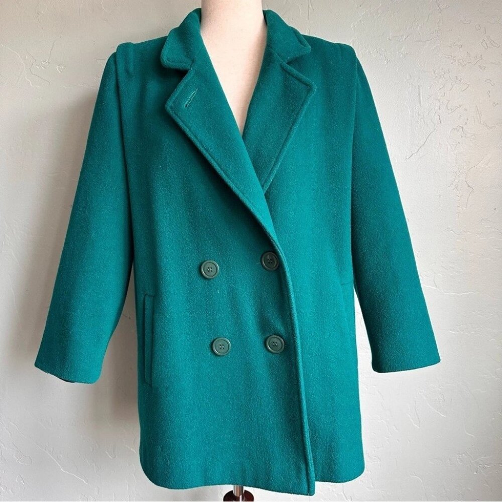 Vintage Herman Kay Women's Teal Double-Breasted Preppy Wool Pea Coat Size 8P EUC